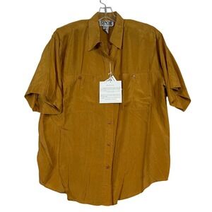 NWT Vintage Womens Mustard Yellow Washable Silk Short Sleeve Button Up Shirt L